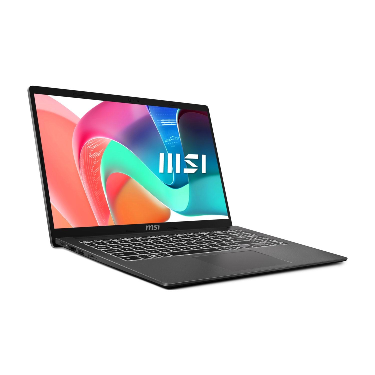 Un laptop MSI nero è mostrato ad angolo. Lo schermo mostra un design astratto colorato. La tastiera è visibile e lo sfondo è bianco.