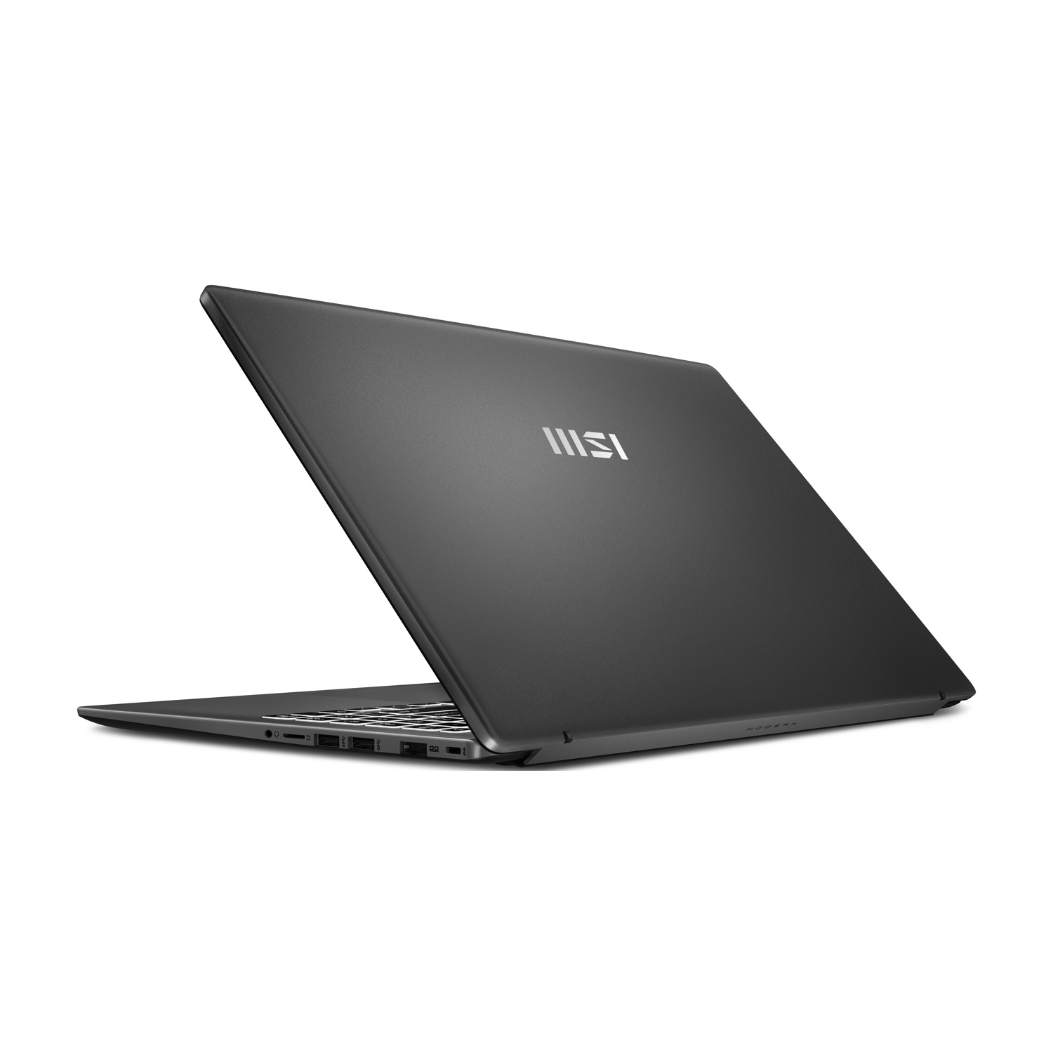 Un laptop grigio scuro è leggermente aperto, mostrando la tastiera e le porte. Il logo MSI è visibile sul coperchio. Lo sfondo è bianco.