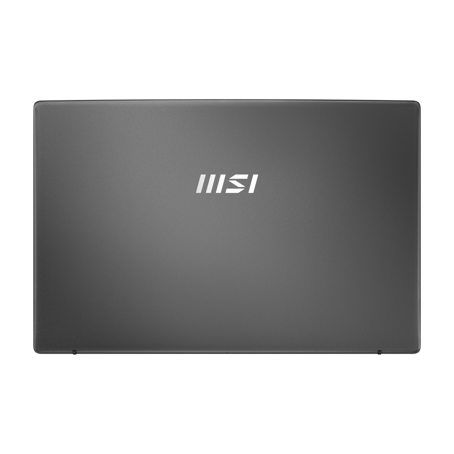 Un laptop chiuso, grigio scuro. Il logo MSI è bianco al centro in alto. La superficie del laptop è liscia e opaca.