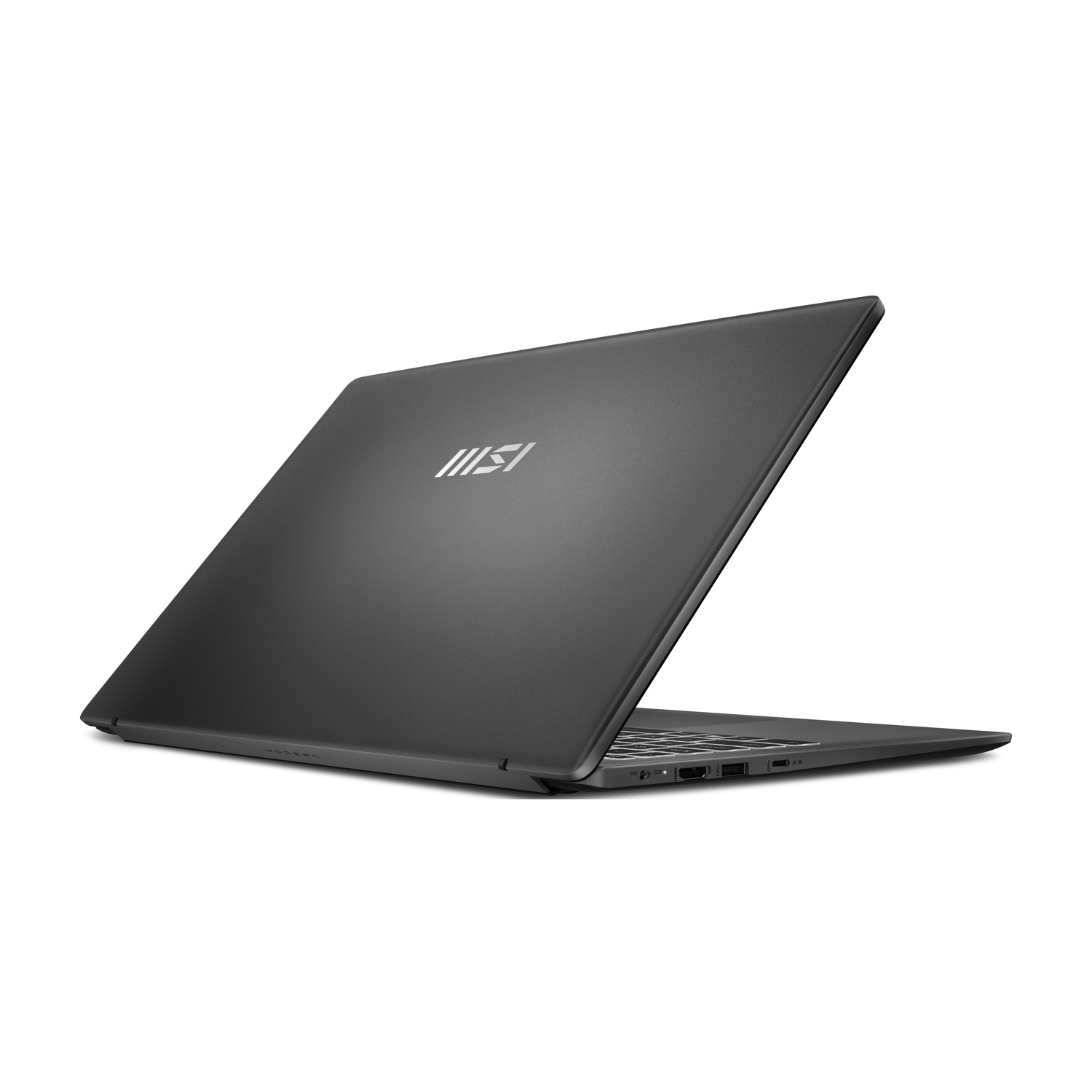 Un laptop grigio scuro è leggermente aperto, mostrando una tastiera e delle porte. Il logo MSI è visibile sul coperchio. Lo sfondo è bianco.