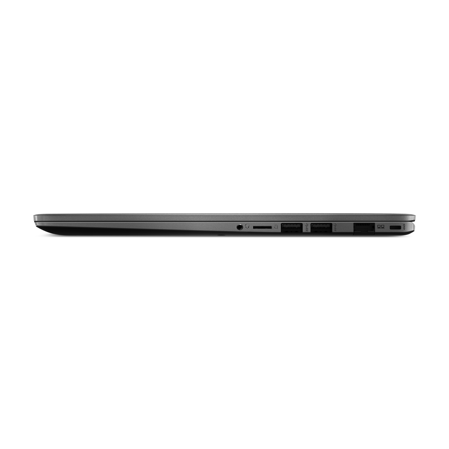 Vista laterale di un laptop grigio. Visibili le porte per audio, scheda SD, USB e alimentazione. Sfondo bianco.