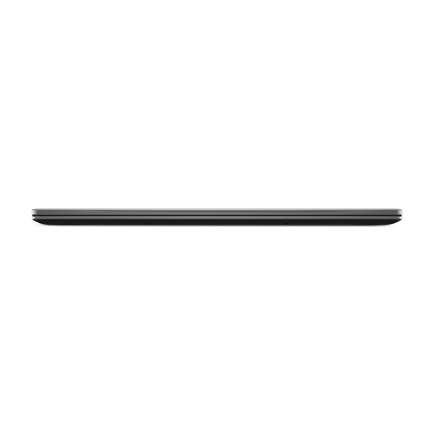 Vista laterale di un laptop chiuso, grigio scuro, su sfondo bianco. Il laptop è sottile e rettangolare.