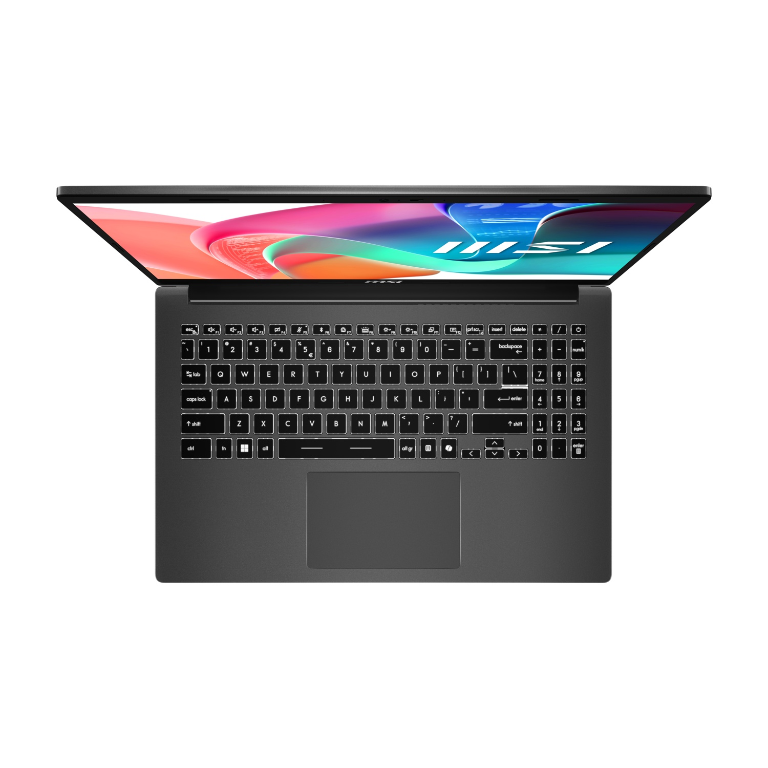 Un laptop grigio scuro è aperto, mostrando tastiera e schermo. Lo schermo mostra il logo MSI.