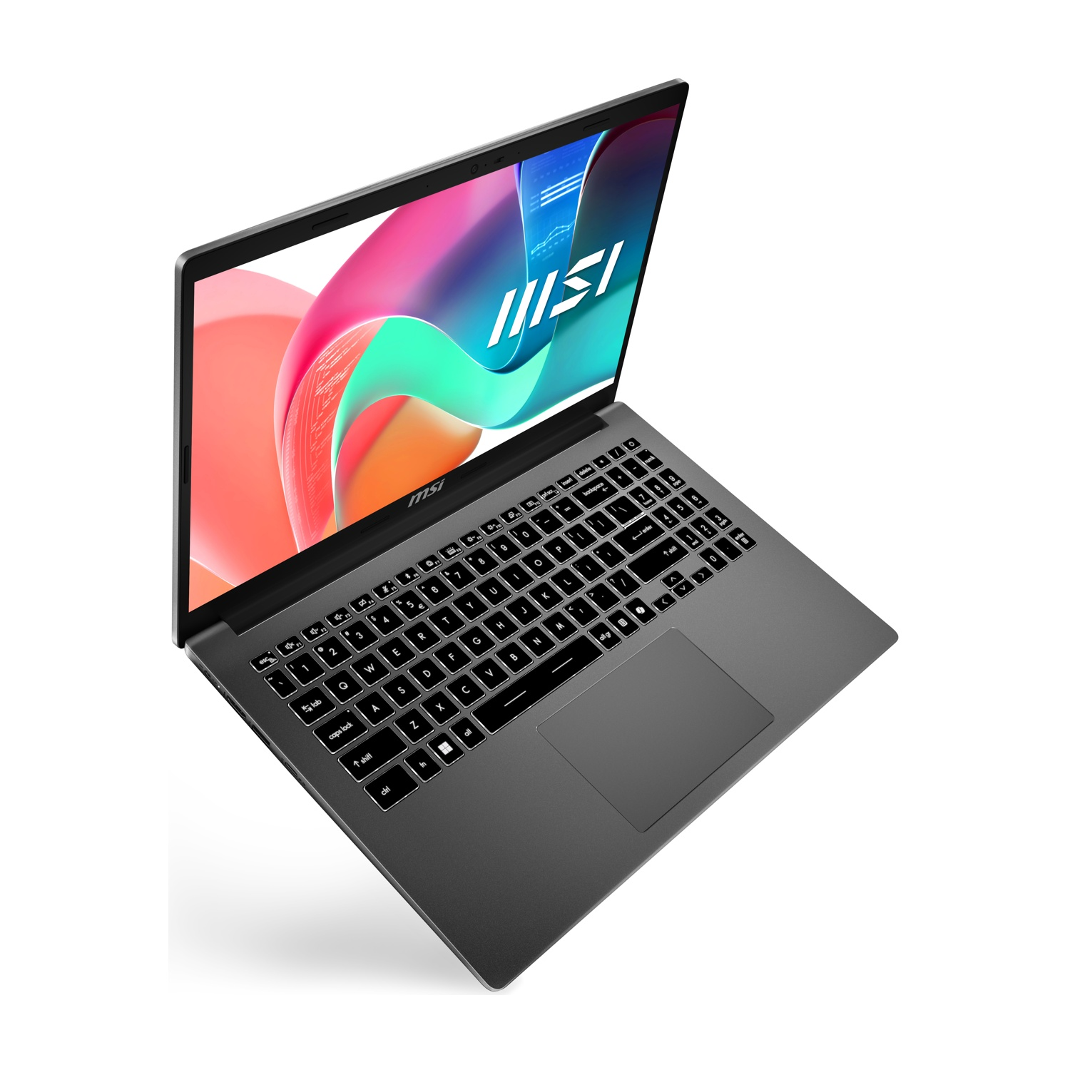 Un laptop grigio è aperto, mostrando uno schermo colorato. La tastiera è visibile, con il logo MSI in basso.