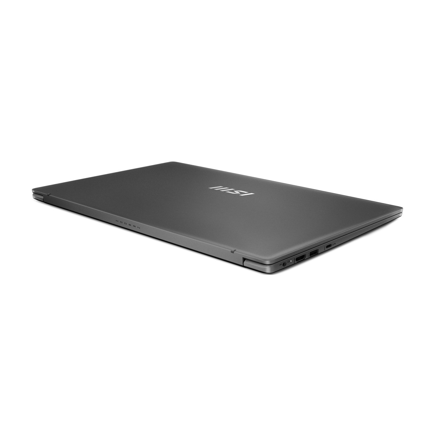 Un laptop grigio chiuso su sfondo bianco. Il laptop ha la parola "MODERN" sul corpo e un logo sul coperchio.