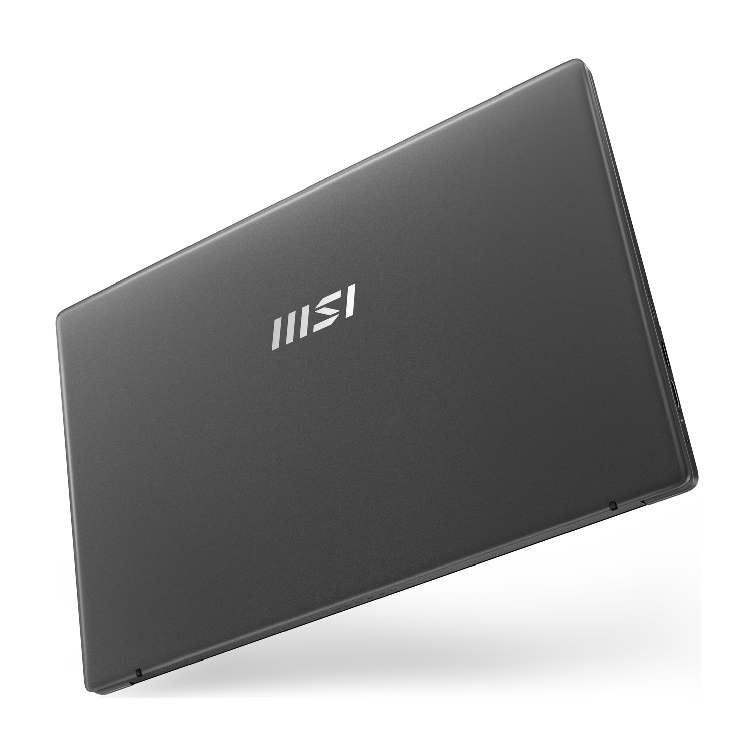 Un laptop grigio scuro, leggermente angolato, su sfondo bianco. Il logo MSI è visibile. La superficie del laptop è liscia e opaca.