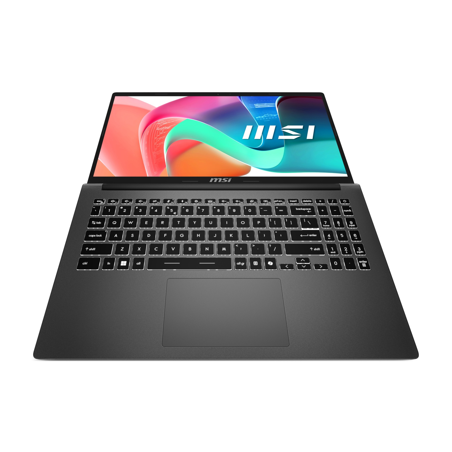 Laptop MSI aperto su sfondo bianco. Tastiera e touchpad visibili. Lo schermo mostra grafica astratta colorata. Il logo MSI è sullo schermo.