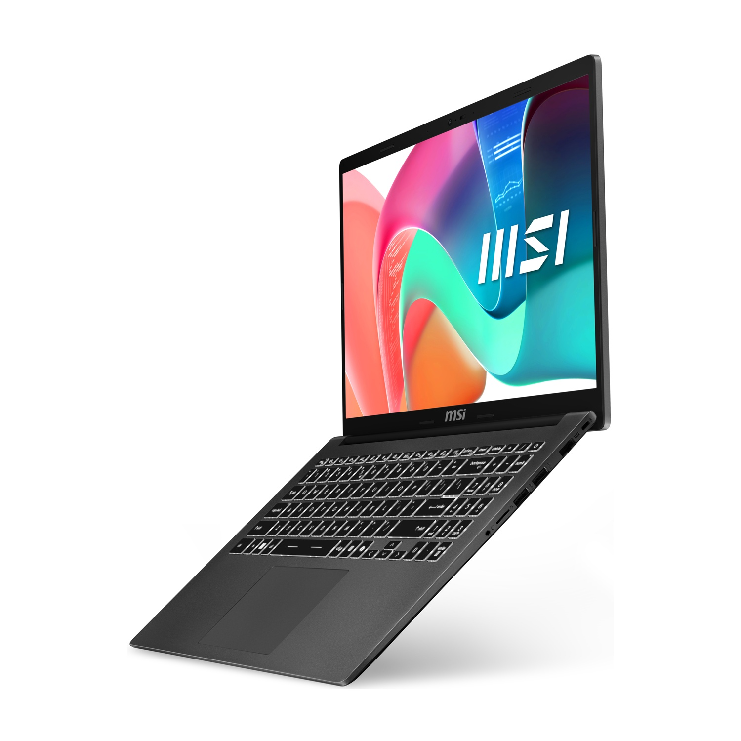 Un laptop MSI grigio scuro è aperto, con uno schermo colorato. La tastiera è visibile e lo sfondo è bianco.