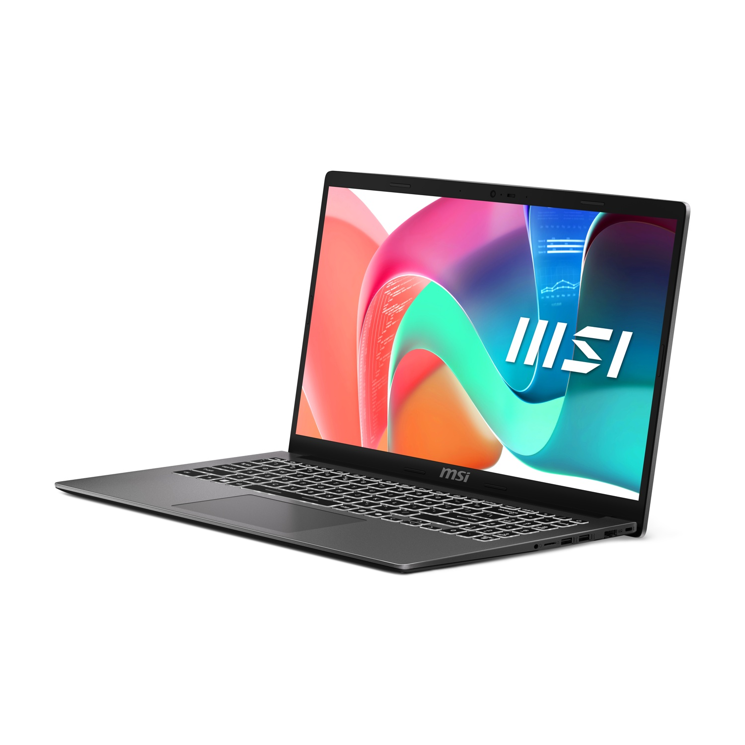 Un laptop MSI grigio è aperto su una superficie bianca. Lo schermo mostra grafiche colorate. La tastiera è visibile.