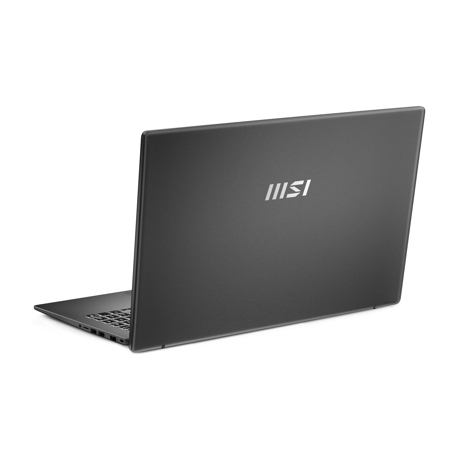 Laptop grigio scuro su sfondo bianco. Lo schermo è chiuso, rivelando il logo MSI. Il laptop è angolato verso sinistra.