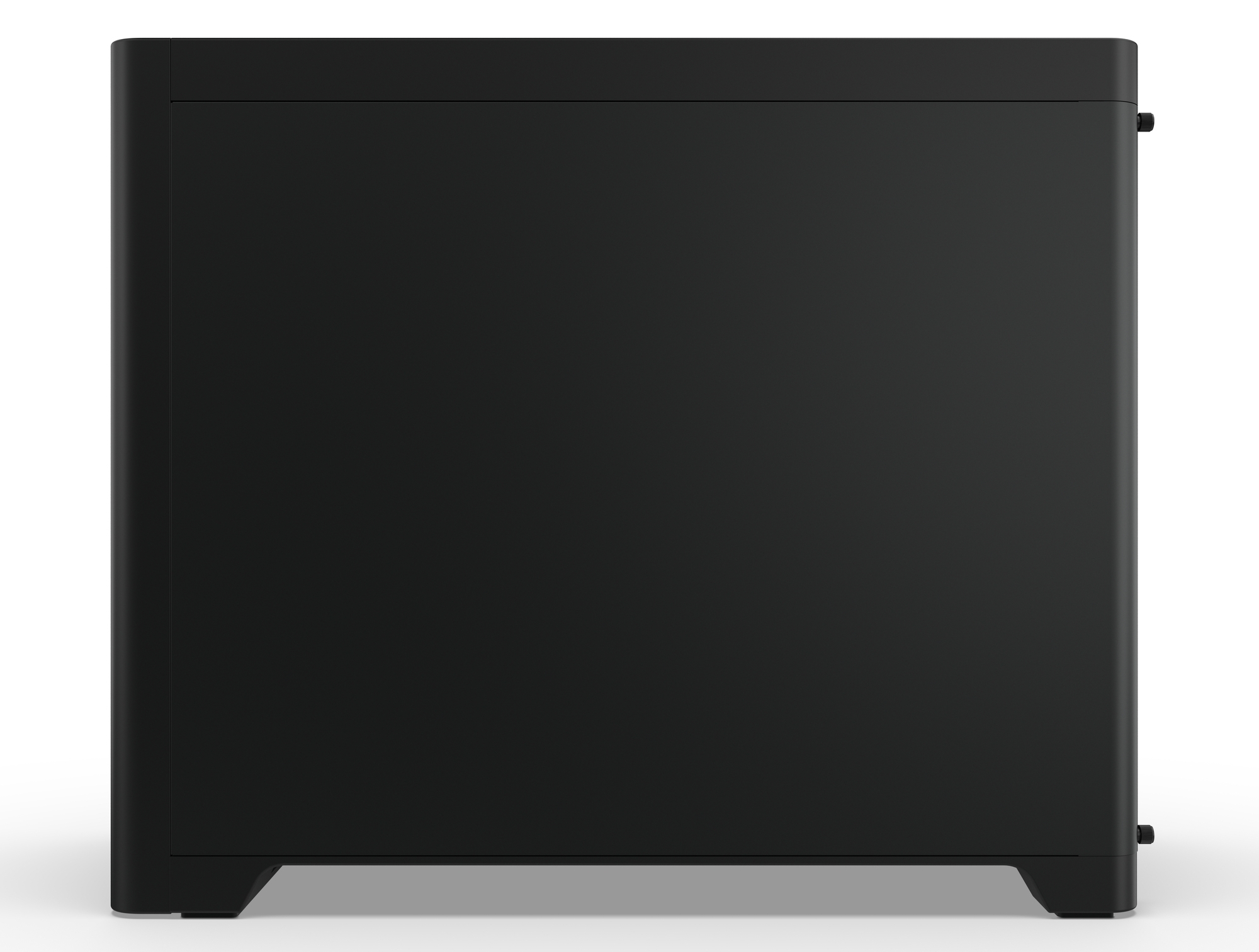Matowa, czarna obudowa komputera na białym tle. Obudowa ma prostokątny kształt o eleganckim designie.