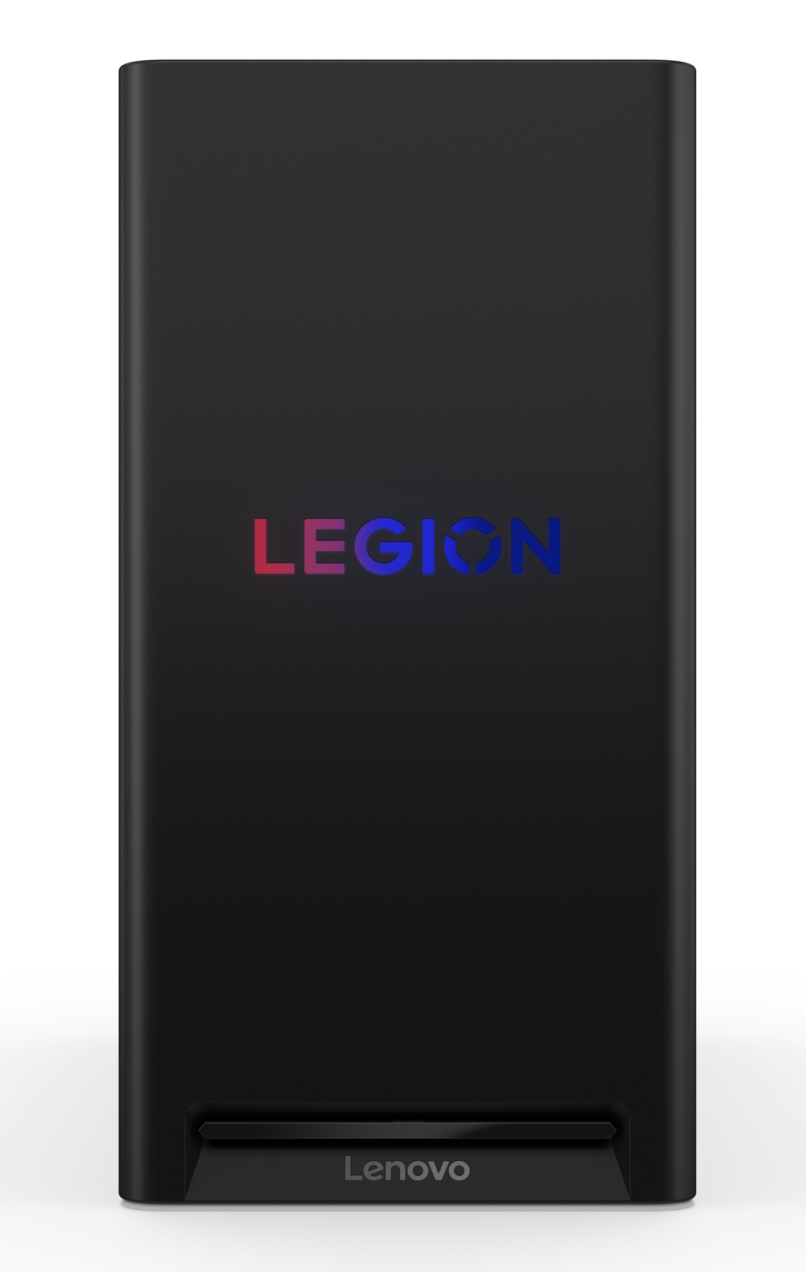 Czarny komputer stacjonarny Lenovo Legion. Logo Legion ma gradienty kolorów. Logo Lenovo znajduje się na dole.