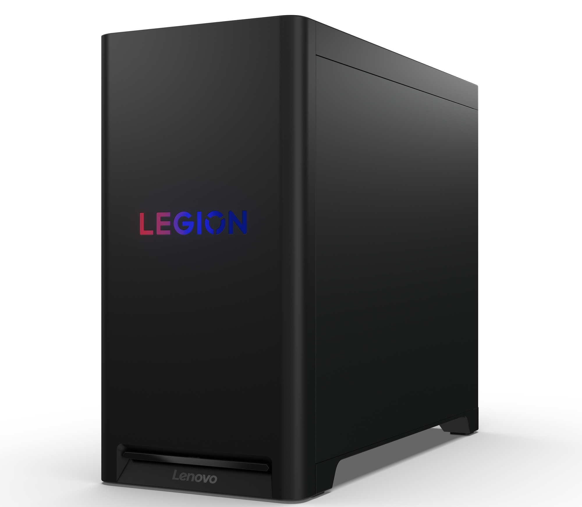 Czarny komputer Lenovo Legion. Posiada logo Legion w gradientach. Logo Lenovo znajduje się na dole.