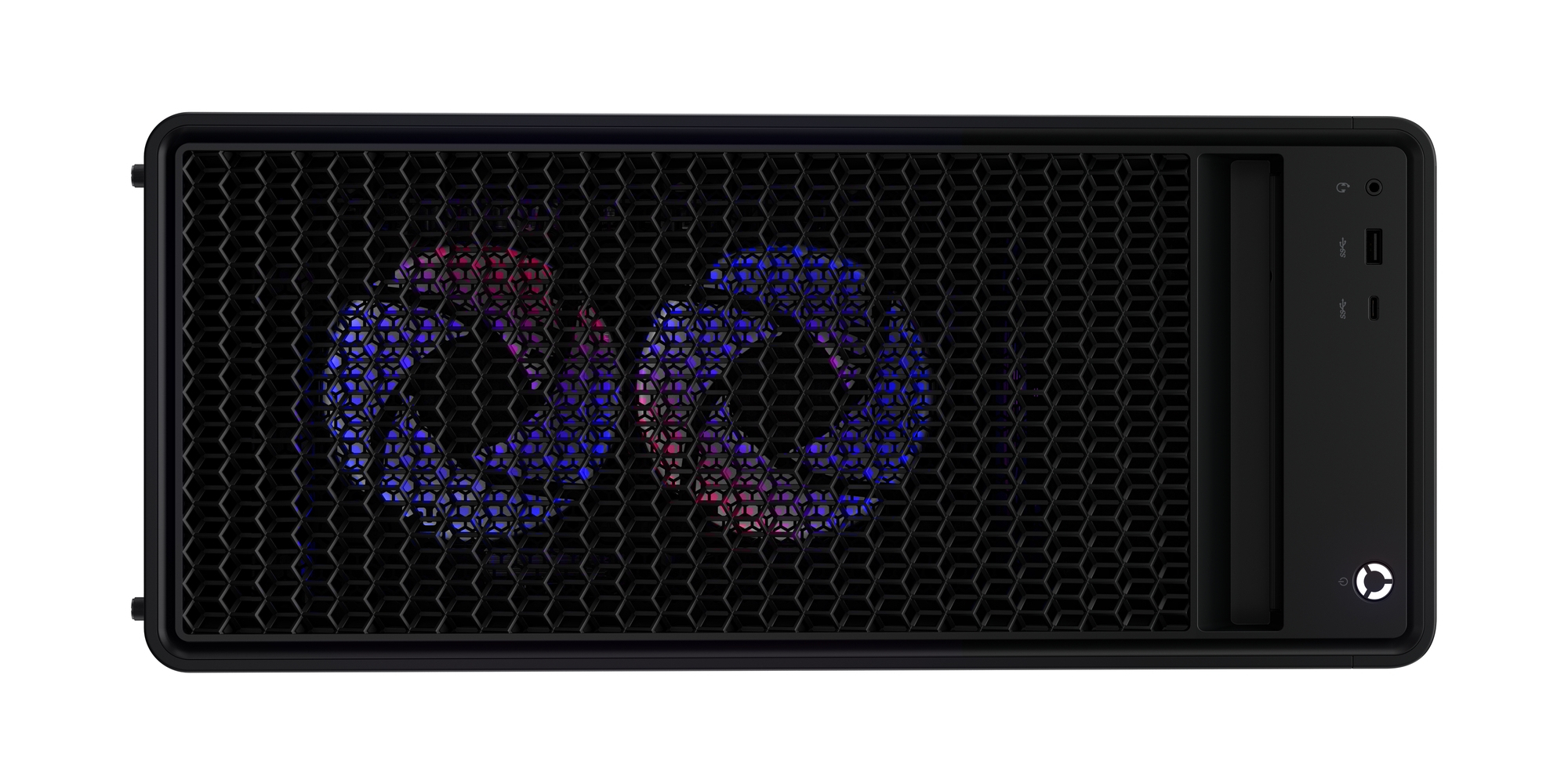 Czarna obudowa komputera z siatką o strukturze plastra miodu. Wewnątrz niebieskie i czerwone światła. Prawa strona ma porty i przycisk zasilania.