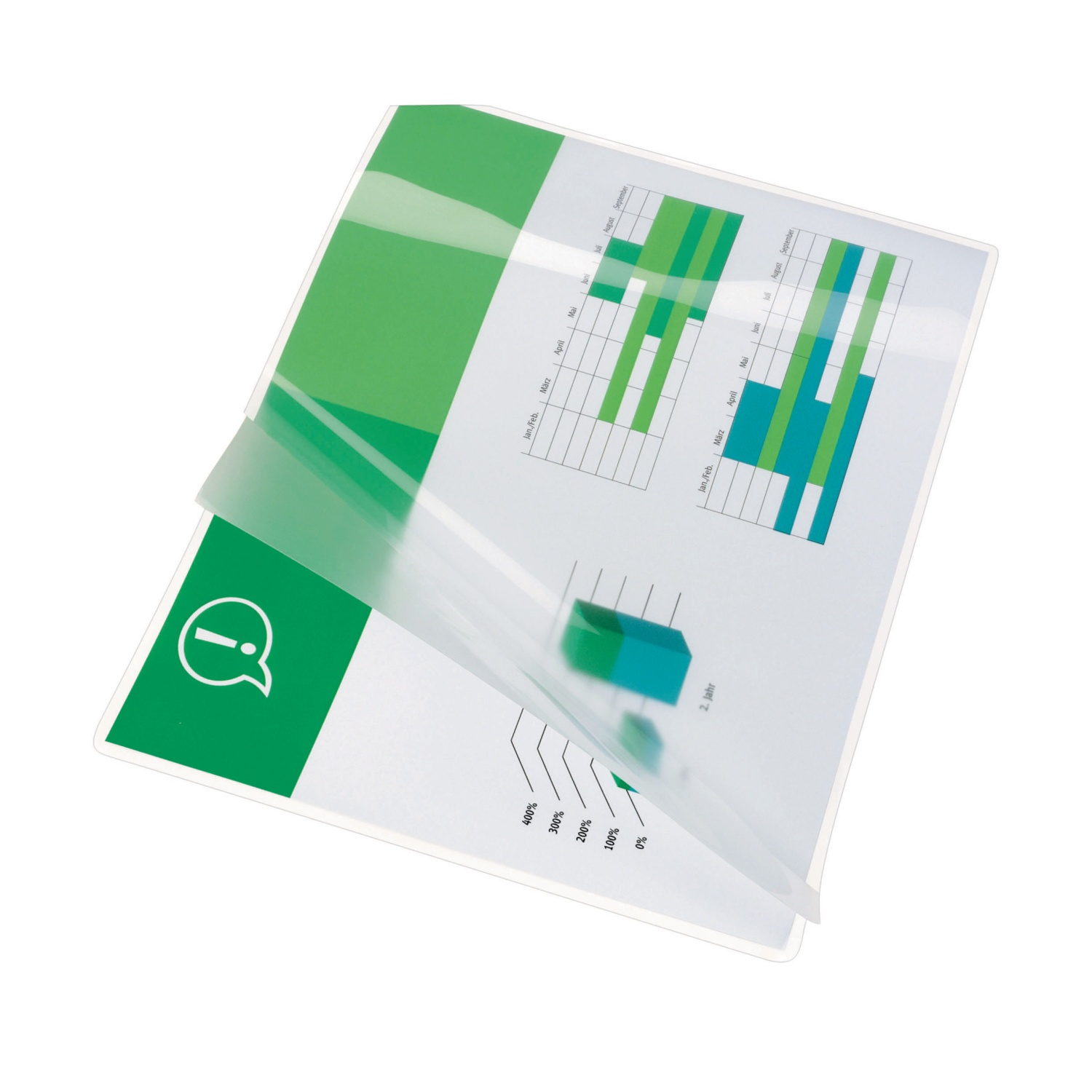 Un documento con grafici e tabelle è in una custodia di plastica trasparente. Lo sfondo è bianco.