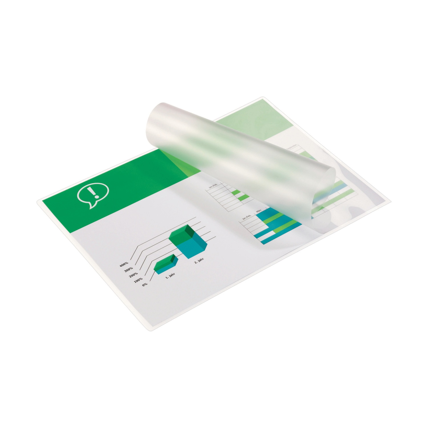 Un documento con un design verde e bianco, parzialmente coperto da un foglio di plastica trasparente arrotolato. Mostra grafici.