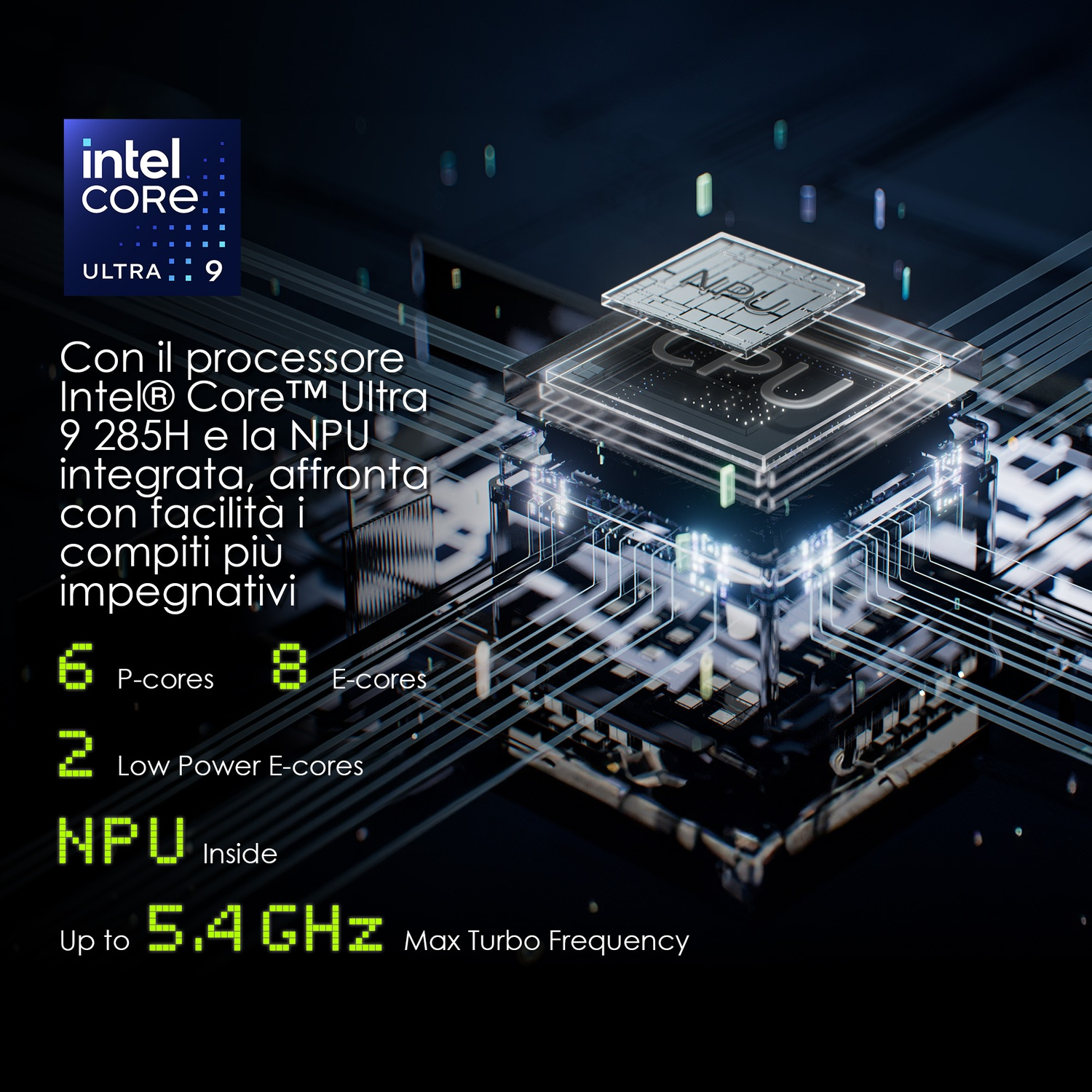 L'immagine mostra un processore Intel Core Ultra 9. Dettagli: 6 P-core, 8 E-core, 2 E-core a basso consumo e fino a 5,4 GHz di frequenza turbo massima.