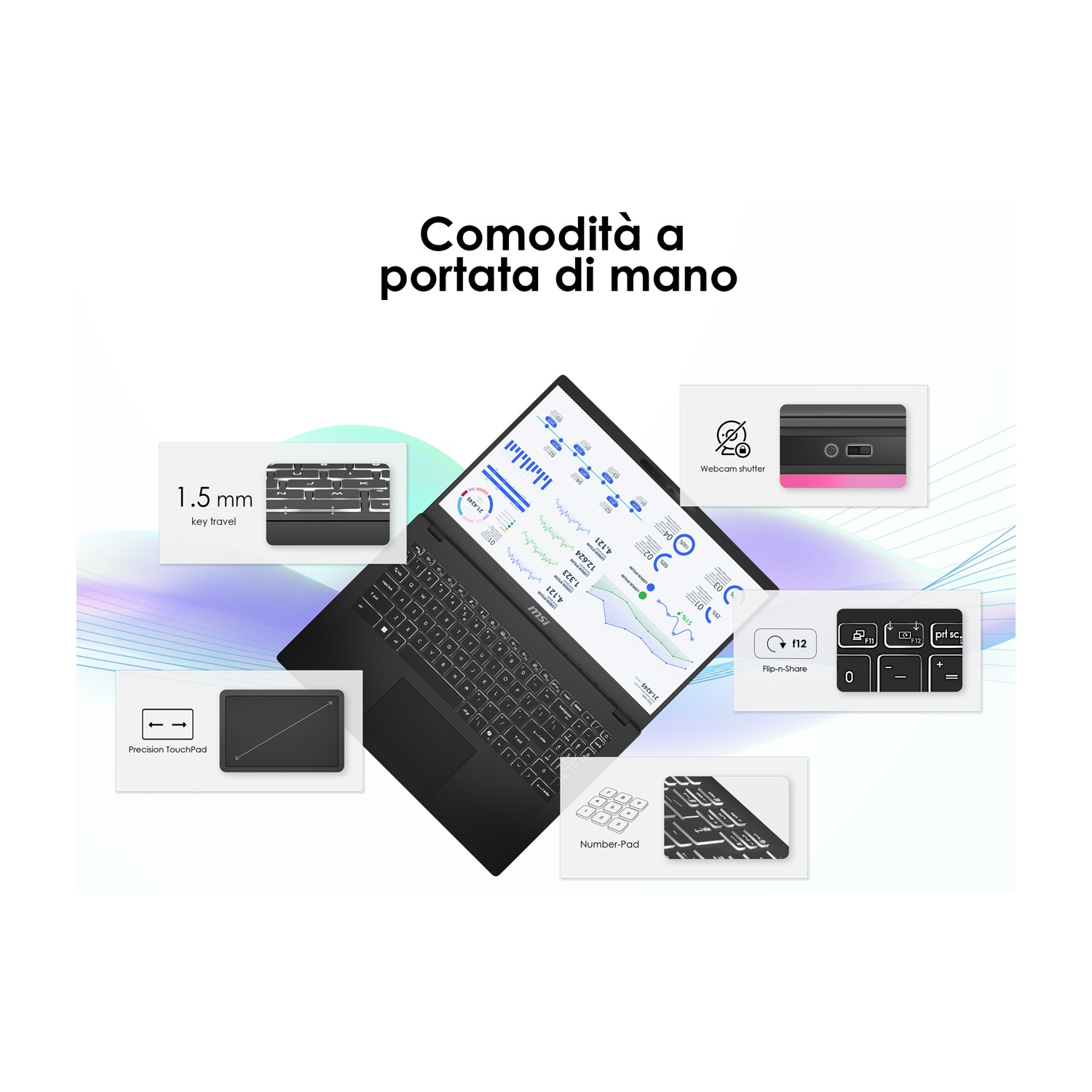 Un laptop nero con tastiera, touchpad e tastierino numerico è mostrato. Vengono evidenziate varie funzionalità, insieme alle parole 'Comodità a portata di mano'.