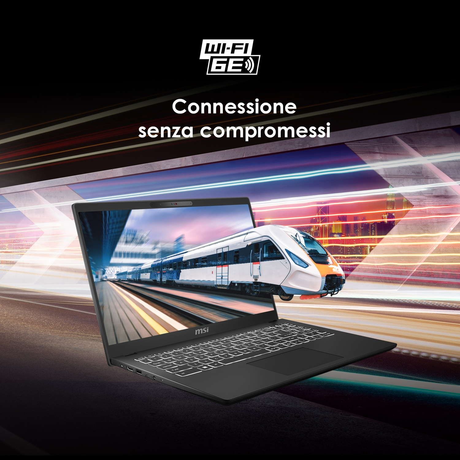 Laptop che mostra un treno che esce dallo schermo. Lo sfondo mostra una città con linee di velocità, promuovendo una connessione.