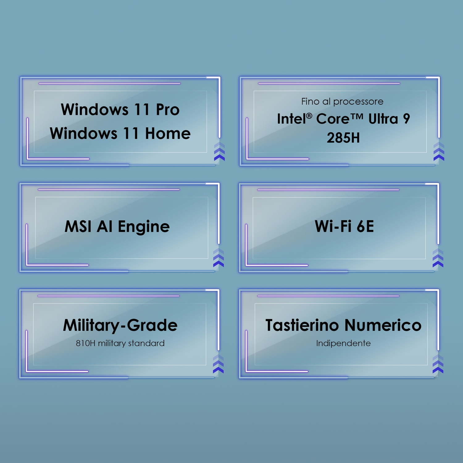 L'immagine mostra Windows 11 Pro/Home, Intel Core Ultra 9, MSI AI Engine, Wi-Fi 6E, Military-Grade e informazioni sul tastierino numerico.
