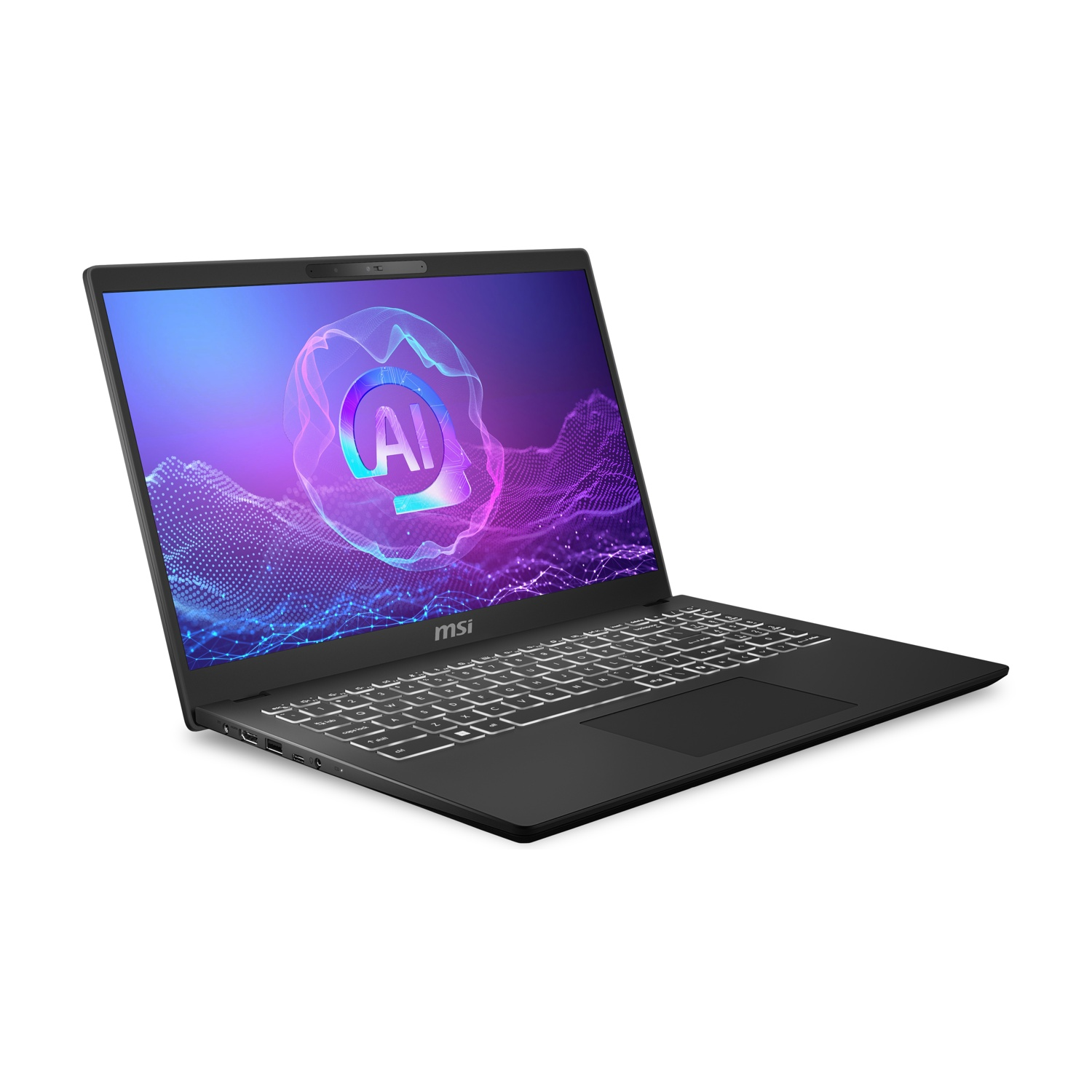 Laptop MSI nero su sfondo bianco. Lo schermo mostra il logo AI su sfondo viola e blu. Tastiera illuminata.