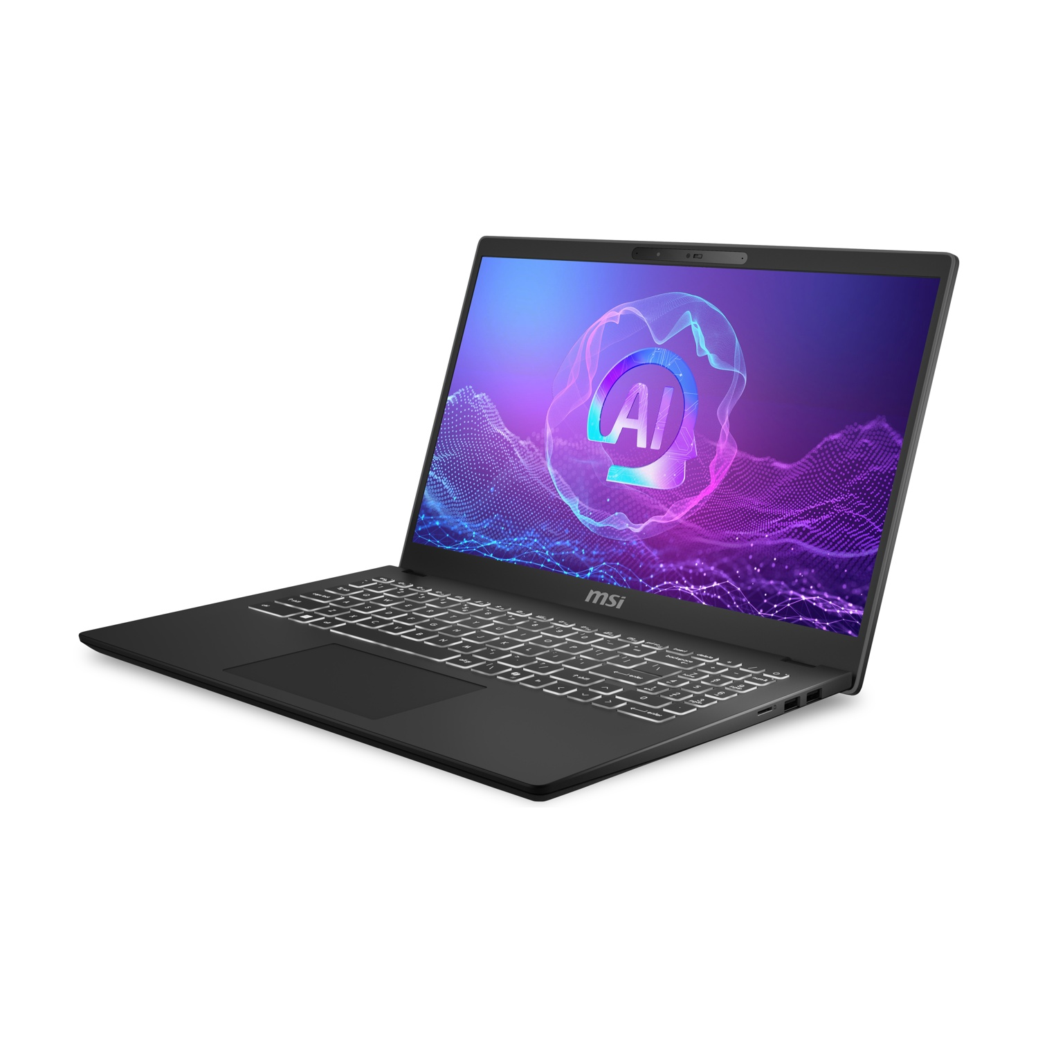 Un laptop MSI nero è angolato su sfondo bianco. Lo schermo mostra un logo AI. La tastiera è visibile e il laptop è aperto.