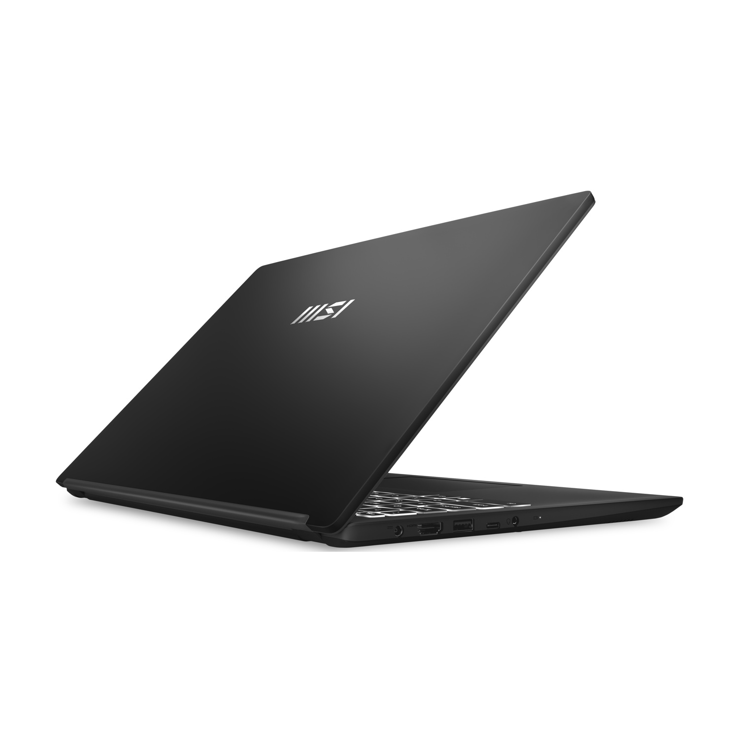 Laptop nero aperto su sfondo bianco, che mostra tastiera e porte. Il logo MSI è visibile sul coperchio.