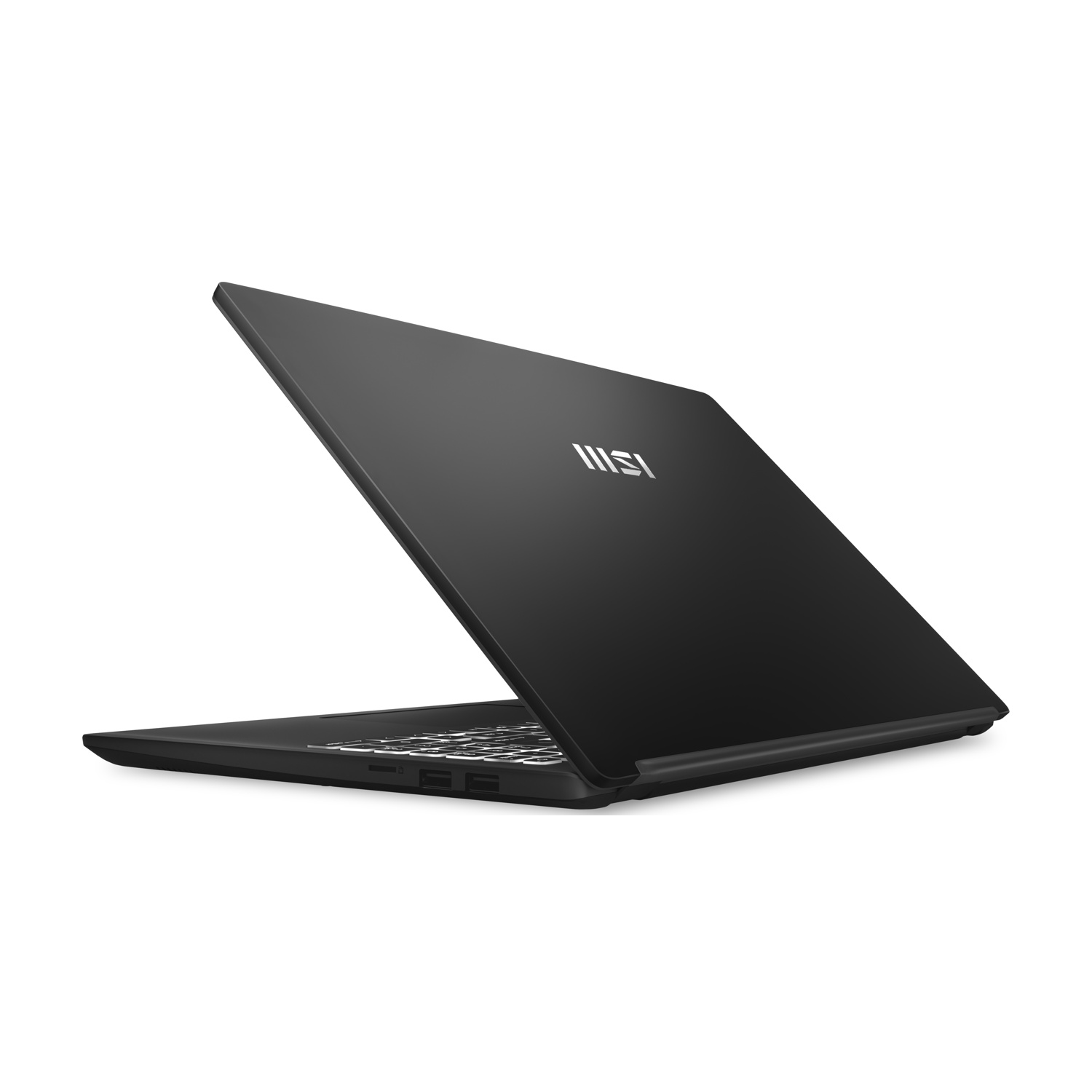 Un laptop nero è aperto ad angolo. Il logo MSI è visibile sul coperchio. Tastiera e porte sono visibili. Sfondo bianco.