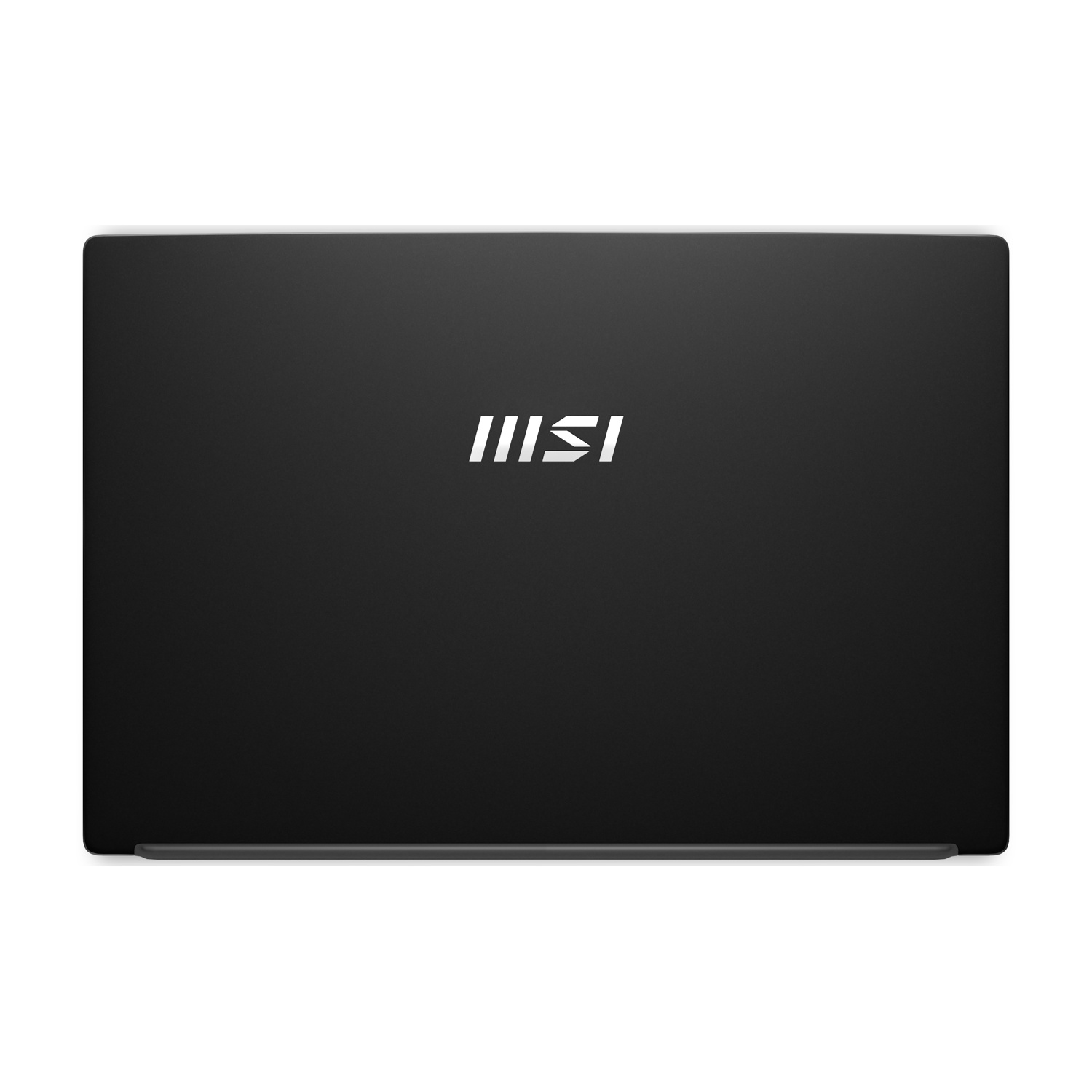 Laptop nero, vista dall'alto. Logo MSI bianco centrato. Design elegante, con un bordo bianco sottile. Isolato su sfondo bianco.