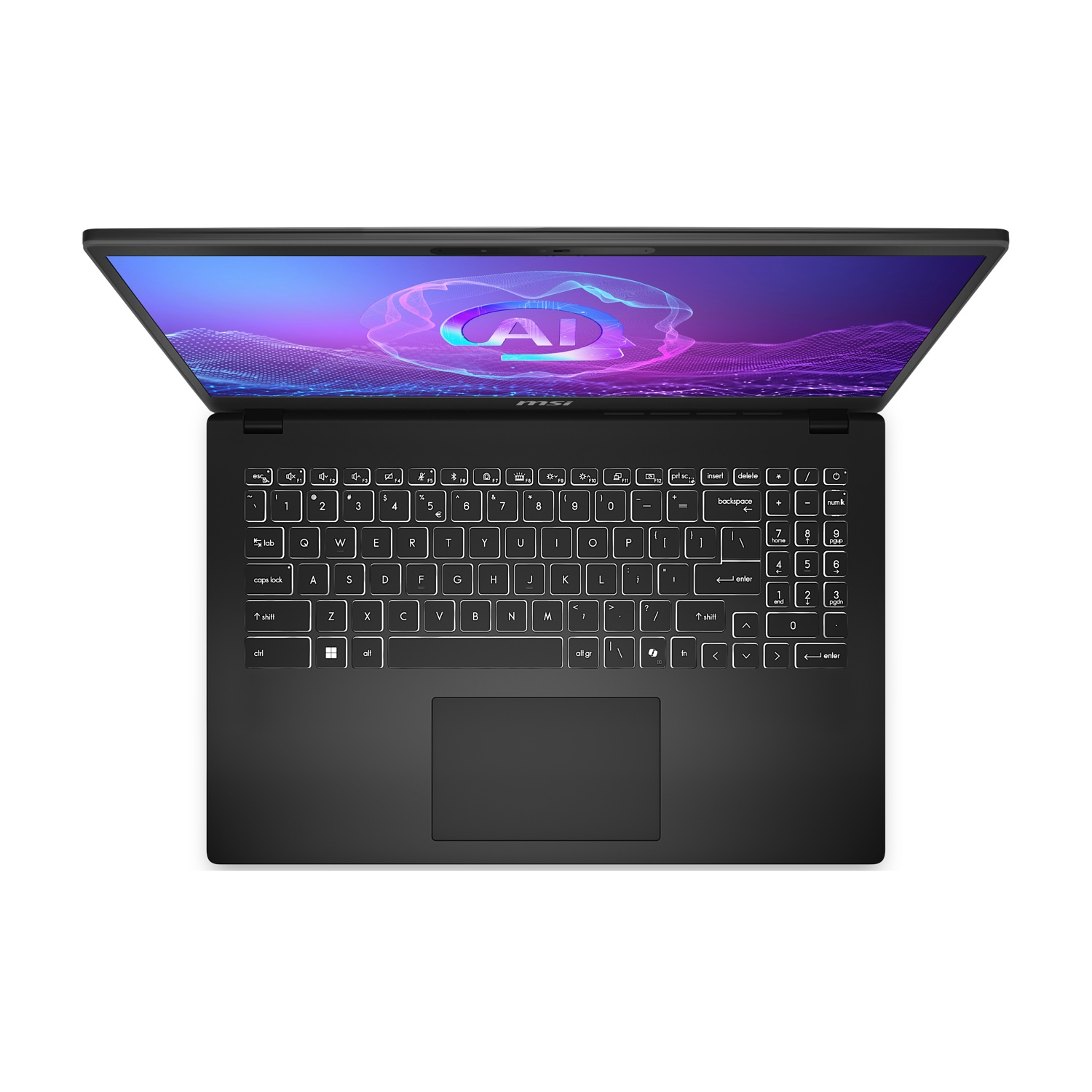 Laptop nero aperto, tastiera visibile, schermo mostra grafica AI. Sfondo bianco. Marchio MSI in basso.