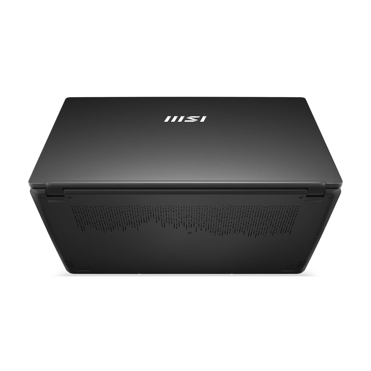 Un laptop nero è mostrato da una prospettiva angolata ed elevata. Il logo MSI è visibile. Il fondo ha molte prese d'aria.