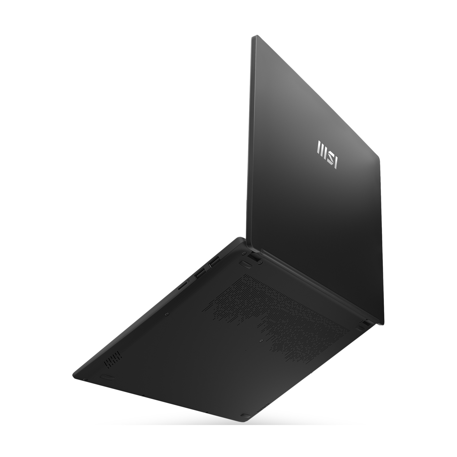 Un laptop nero aperto su sfondo bianco. Il logo MSI è visibile sul coperchio. La parte inferiore mostra le prese d'aria.