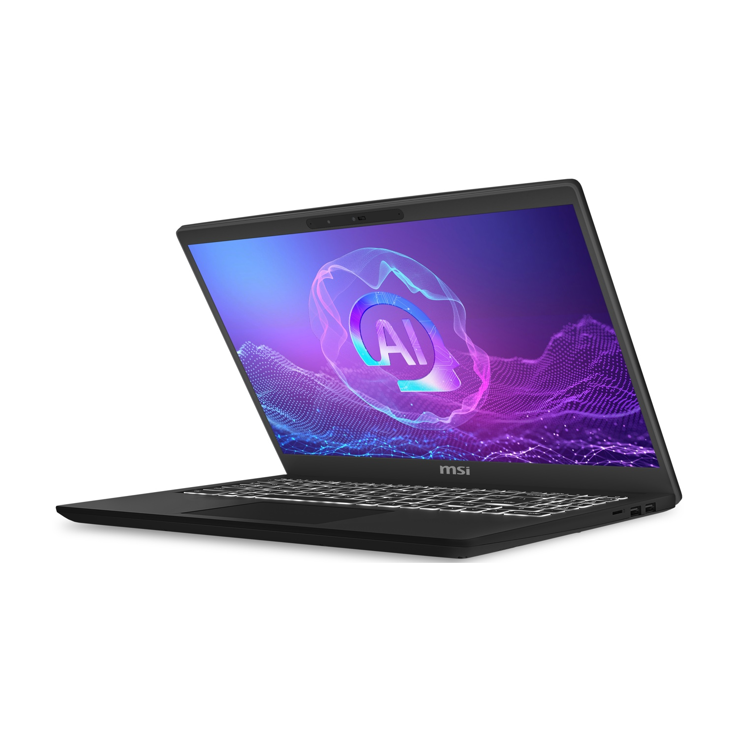 Laptop MSI nero, aperto, su sfondo bianco. Lo schermo mostra una grafica AI. Tastiera visibile. Logo MSI sotto lo schermo.