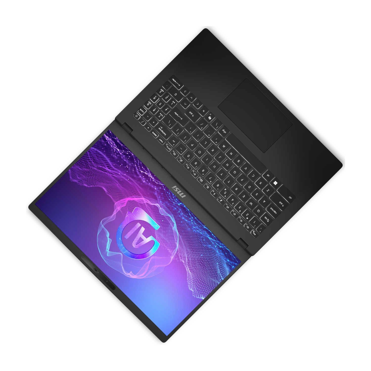 Vista dall'alto di un laptop MSI nero. Lo schermo mostra un logo AI. Tastiera visibile, con tasti retroilluminati bianchi, trackpad e sfondo bianco.