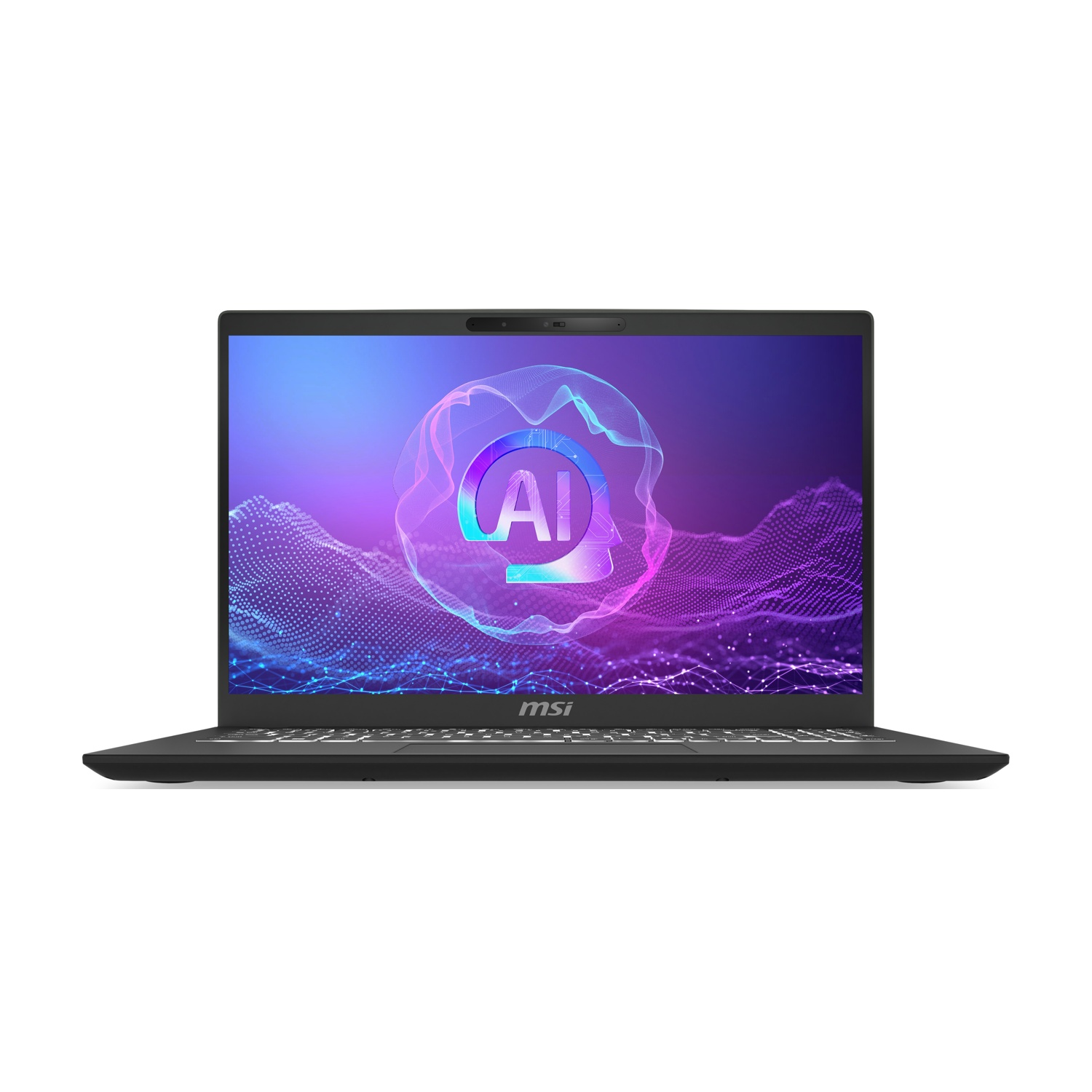 Laptop nero aperto. Lo schermo mostra il logo AI in un design digitale viola e blu. Logo MSI sotto. Sfondo bianco.