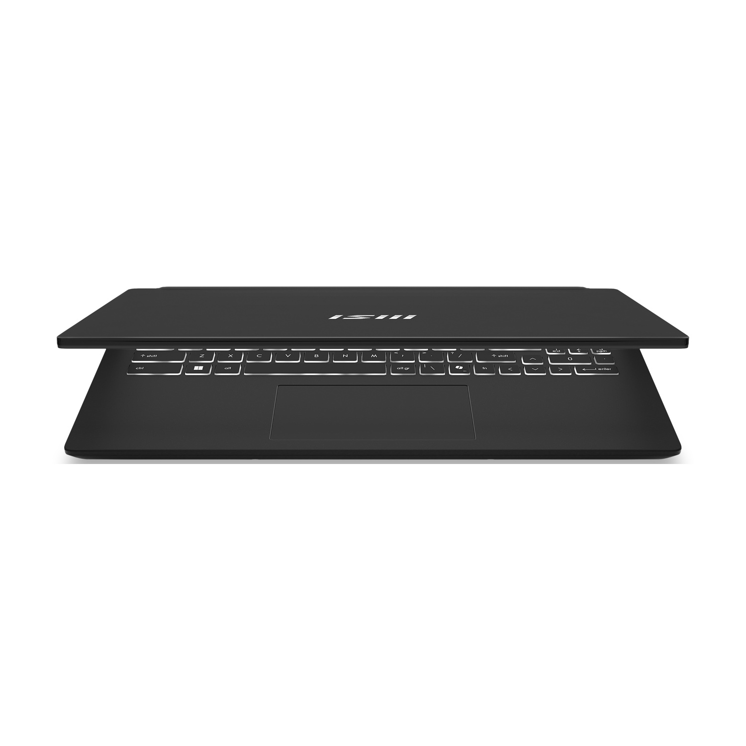Un laptop nero è aperto, mostrando la tastiera. Lo schermo è leggermente aperto. La tastiera ha tasti retroilluminati bianchi.
