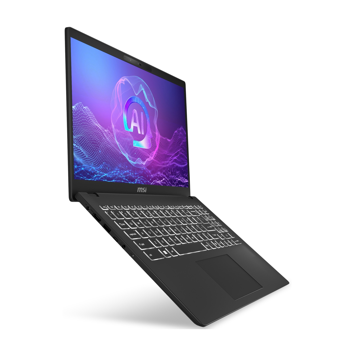 Un laptop MSI nero è angolato, schermo con grafica AI. Tastiera e touchpad visibili. Sfondo bianco.
