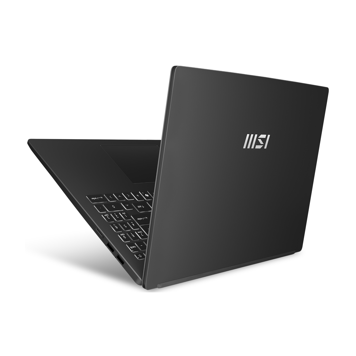 Un laptop nero è leggermente aperto, mostrando tastiera e schermo. Il logo MSI è visibile sul coperchio.