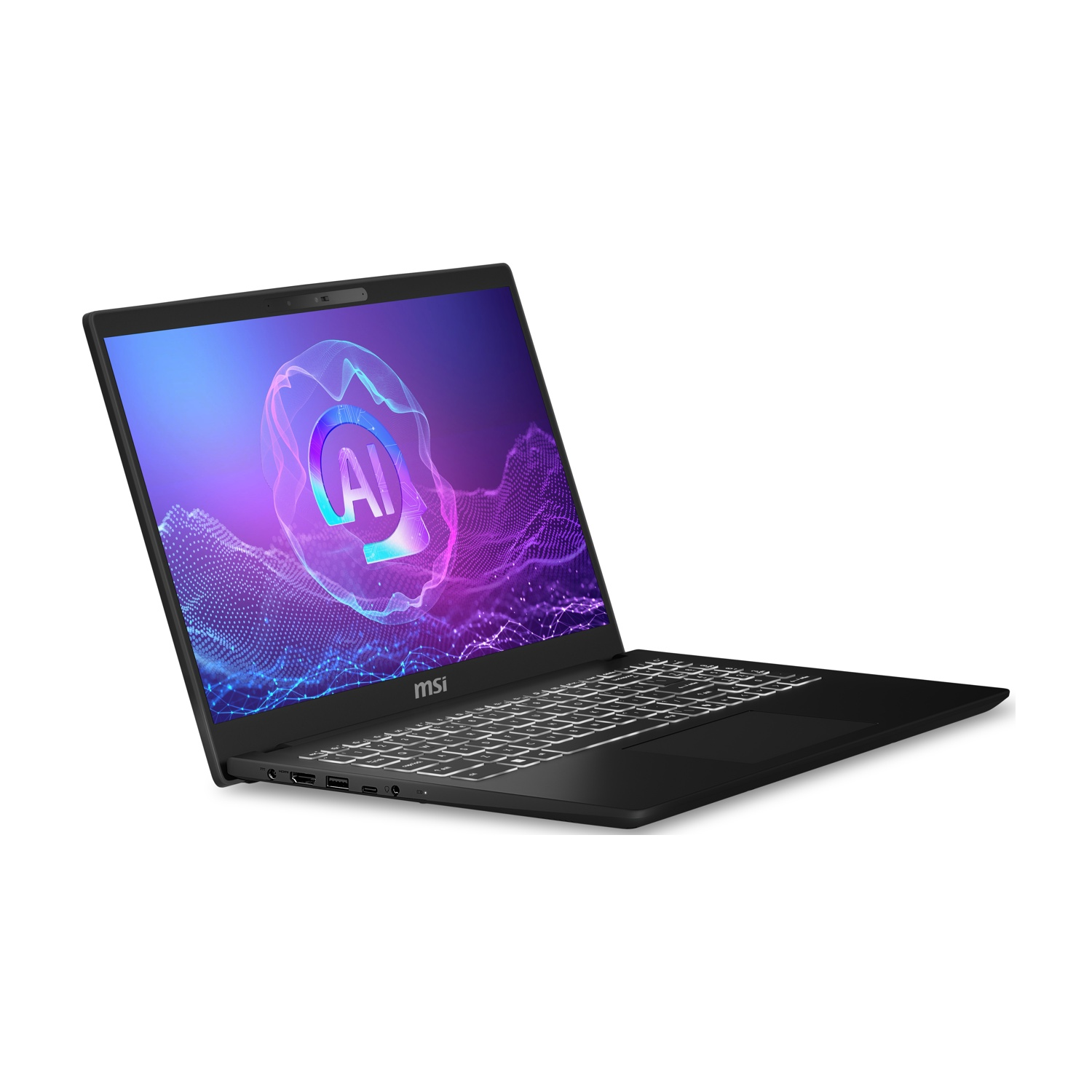 Laptop MSI nero con schermo illuminato che mostra grafica AI. La tastiera è visibile. Lo sfondo è bianco.