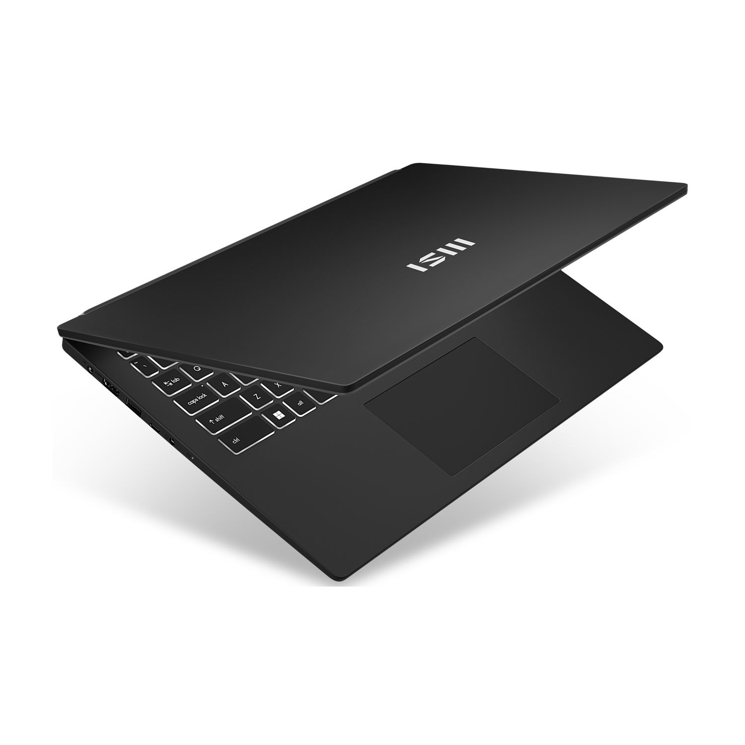 Laptop nero aperto, leggermente angolato. Tastiera illuminata e touchpad visibili. Il logo MSI è sul coperchio.