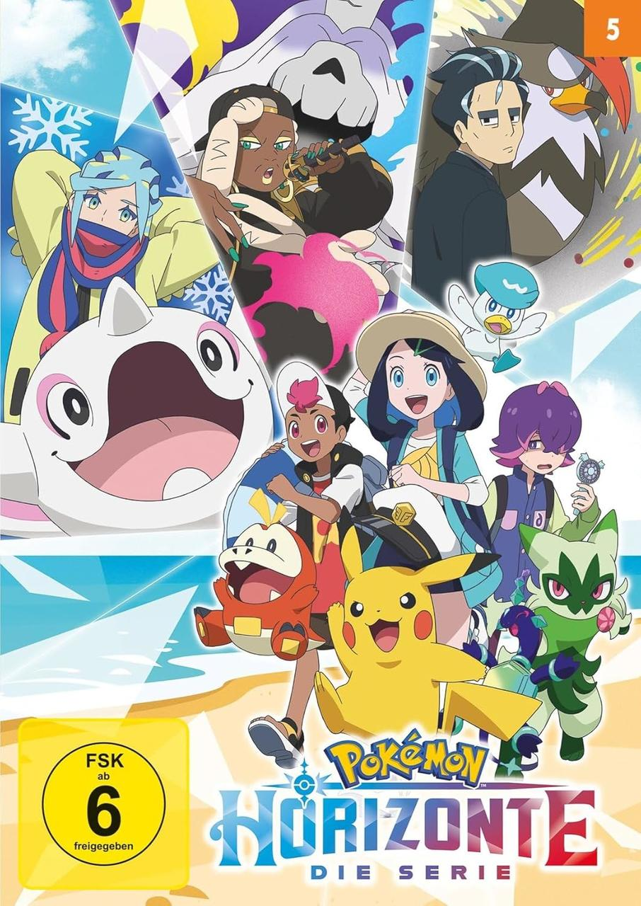 Anime-Cover mit mehreren Charakteren, darunter Pikachu, und dem Titel Pokémon Horizons. Ein gelber Kreis mit der Zahl 6 ist in der Ecke.