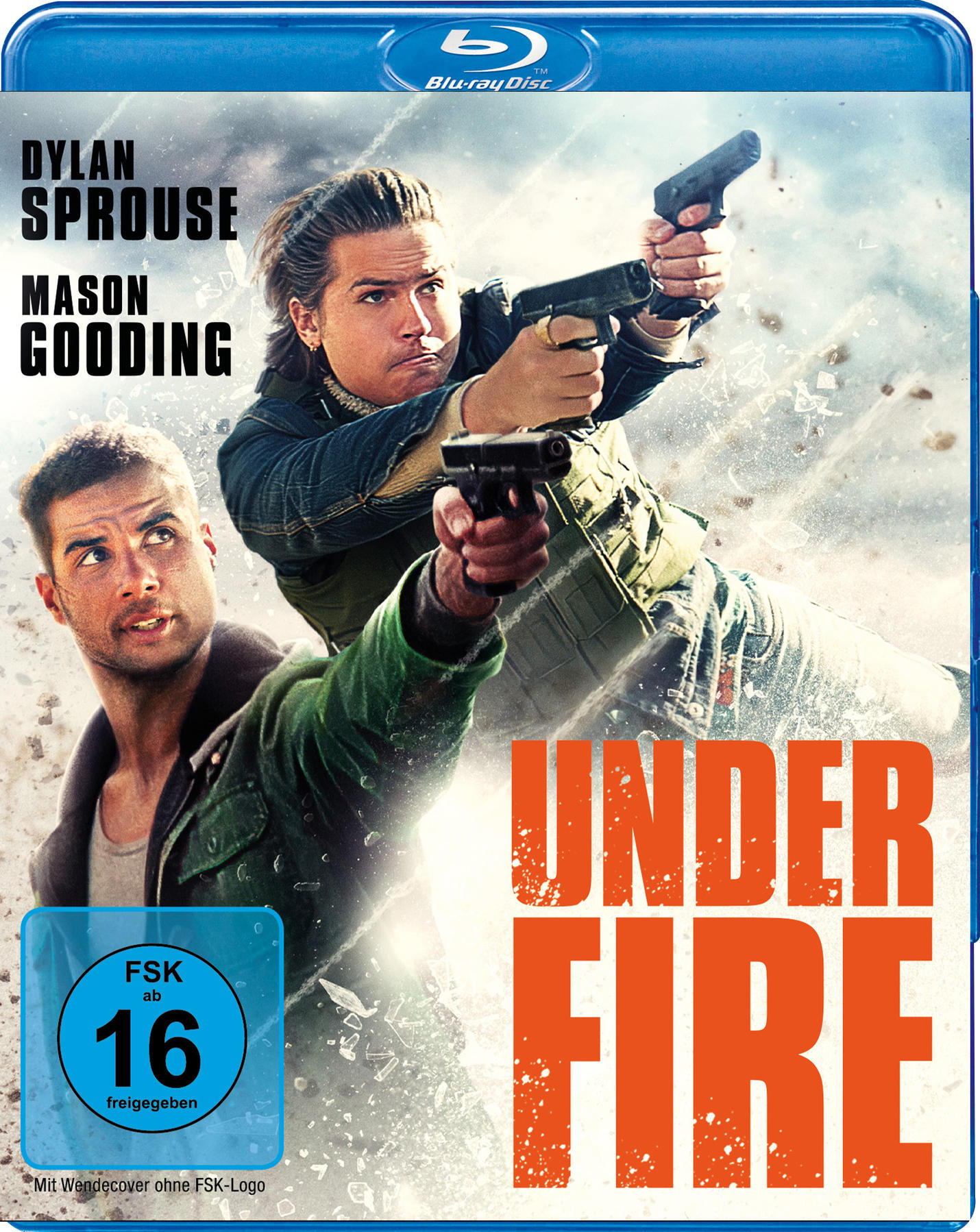 Blu-ray-Cover von 'Under Fire'. Zwei Männer halten Waffen, Dylan Sprouse und Mason Gooding. Großer oranger Text 'UNDER FIRE' sichtbar.