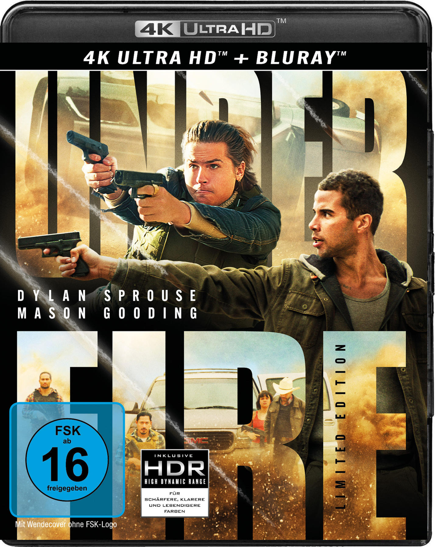 Filmcover mit zwei Männern, die Waffen halten. Text enthält Titel, Schauspielernamen und ein Wertungsabzeichen.