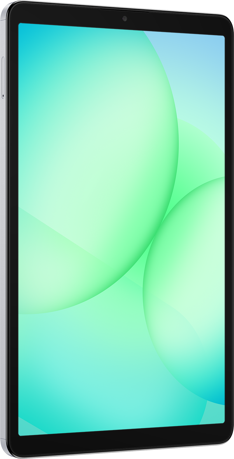 Tablette avec une lunette noire et un écran affichant des sphères dégradées vertes et bleues. La tablette est en perspective.