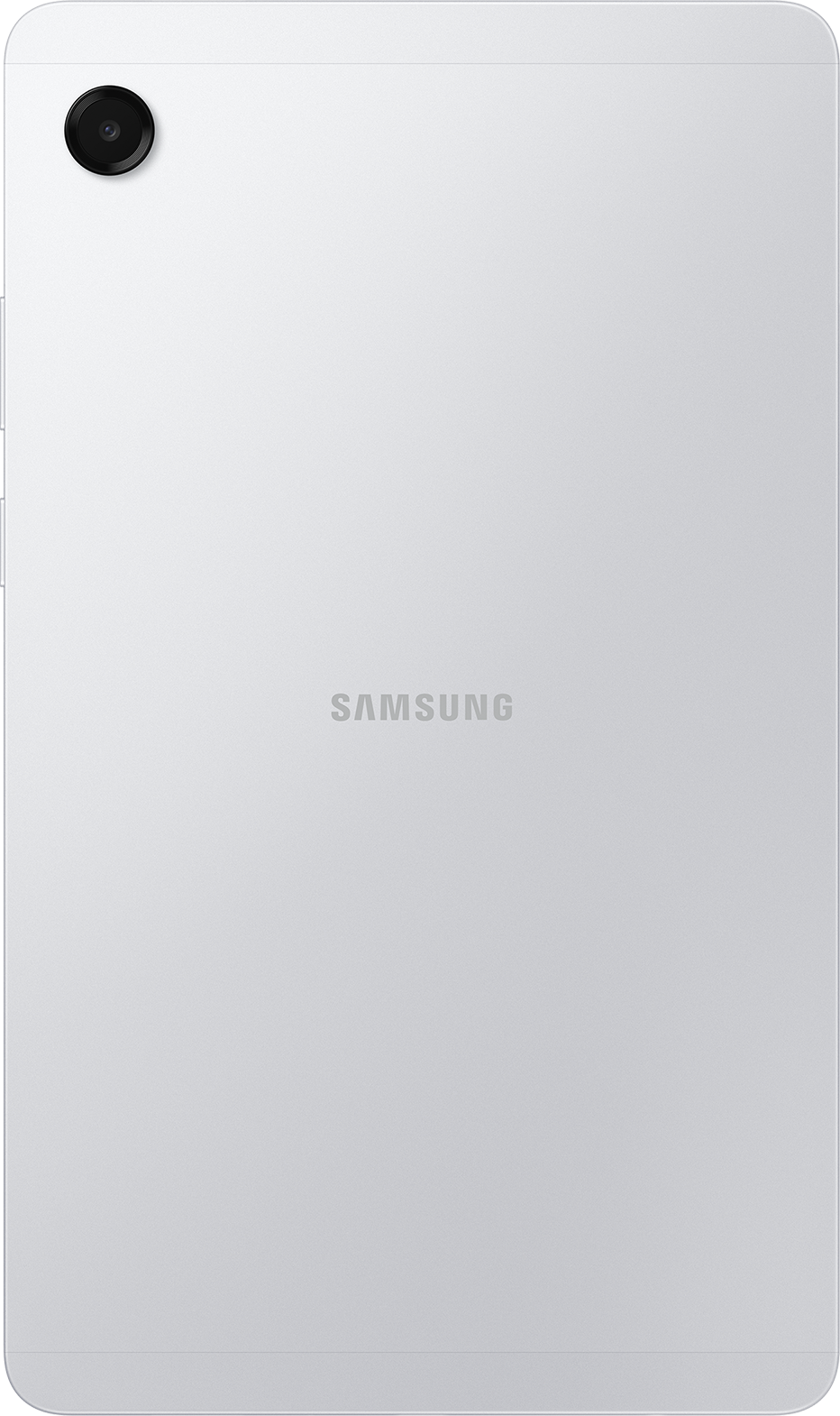 Dos d'une tablette Samsung blanche. Objectif de caméra noir en haut à gauche. Logo Samsung au milieu.