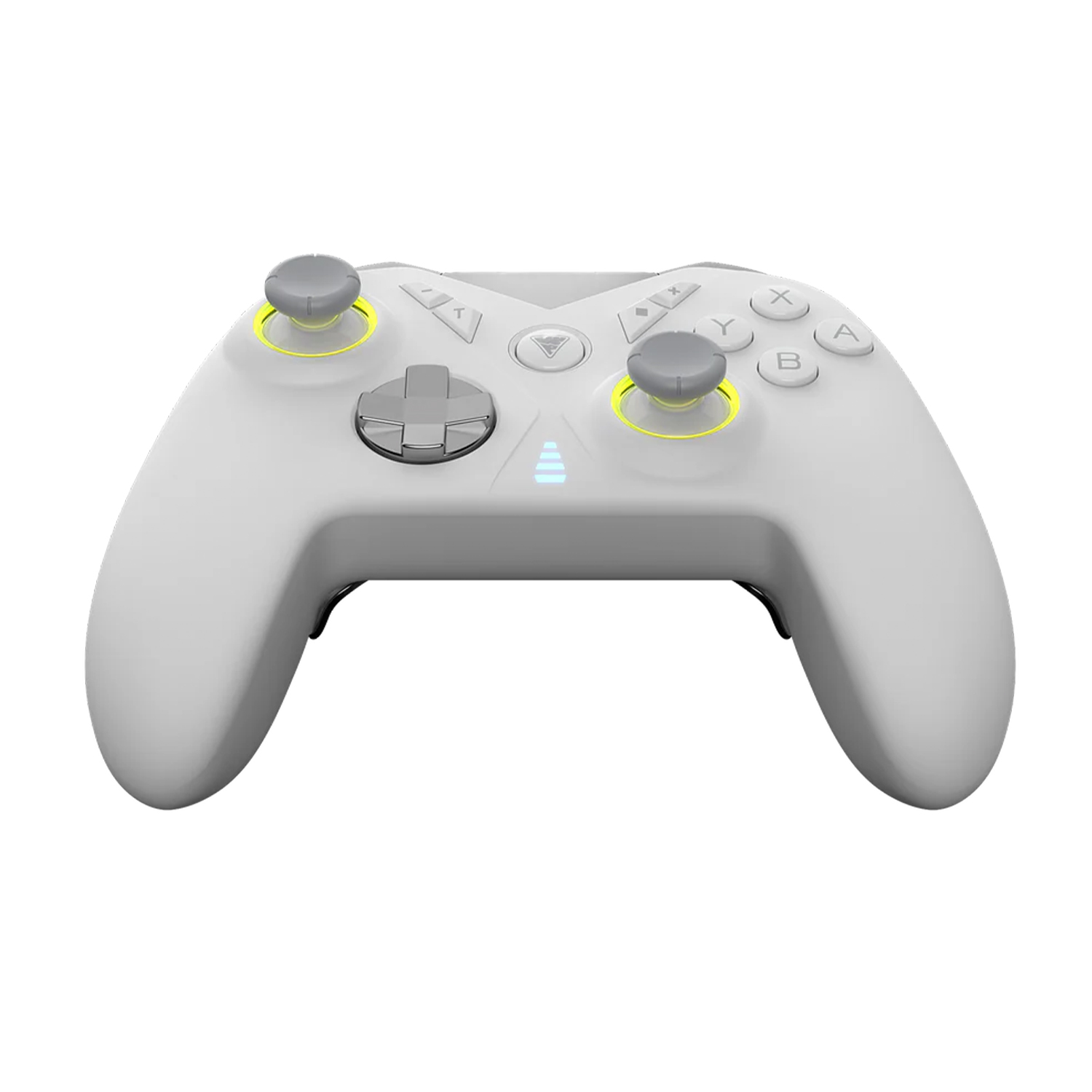 Un gamepad bianco con joystick e pulsanti grigi. I joystick hanno un bagliore giallo. Il controller è su sfondo bianco.
