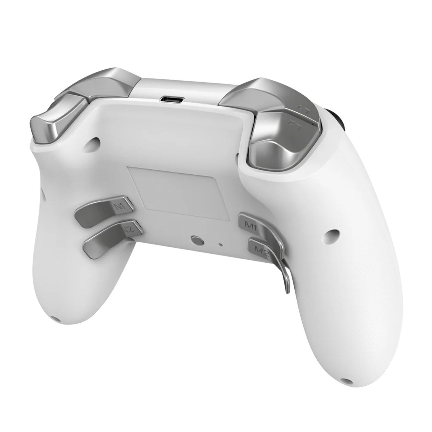 Un controller di gioco bianco e argento. Grilletti e pulsanti argentati, corpo bianco, vista angolata. È su sfondo bianco.