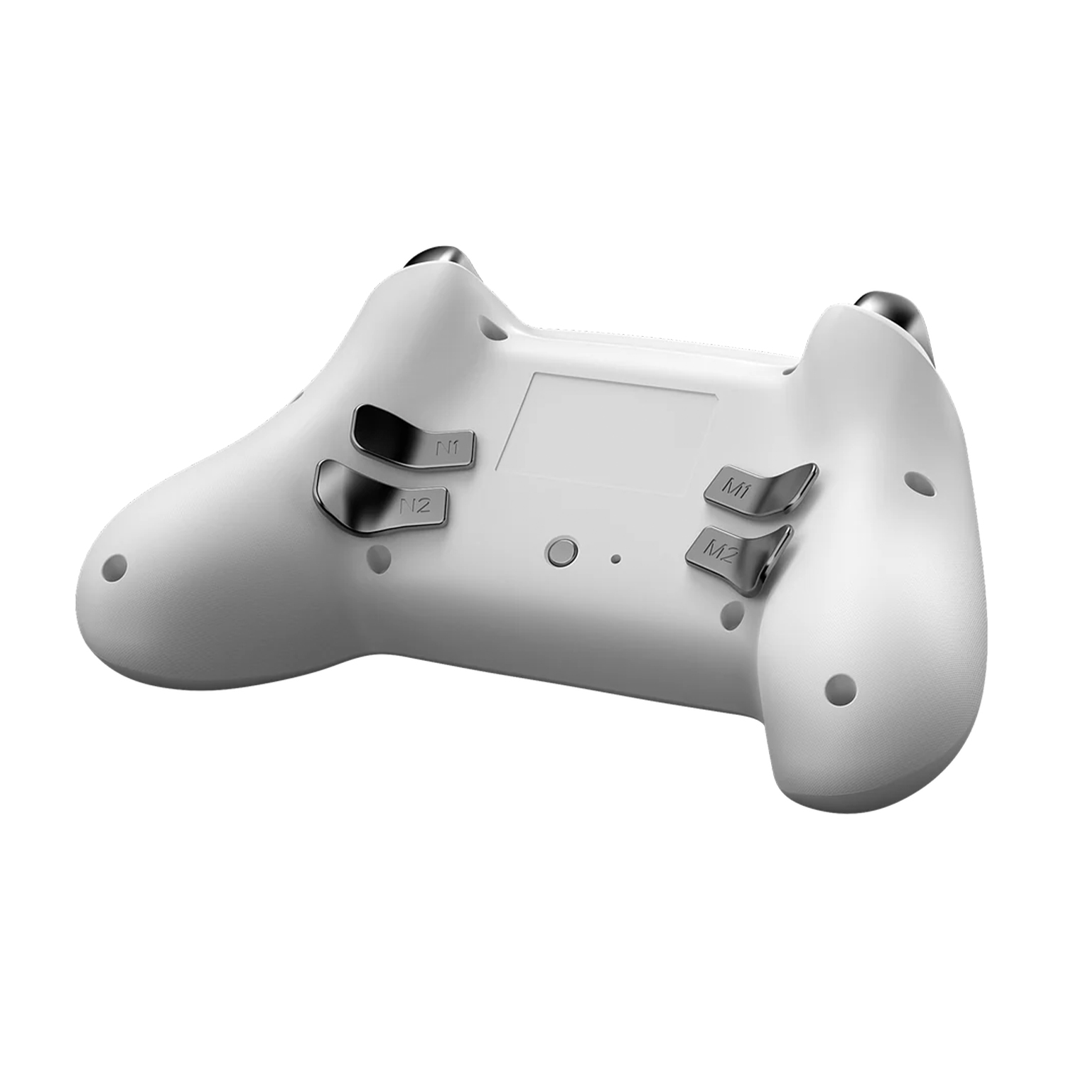 Retro del controller di gioco bianco con pulsanti e grilletti. Dettagli argentati sui grilletti neri. Due piccoli pulsanti argentati.