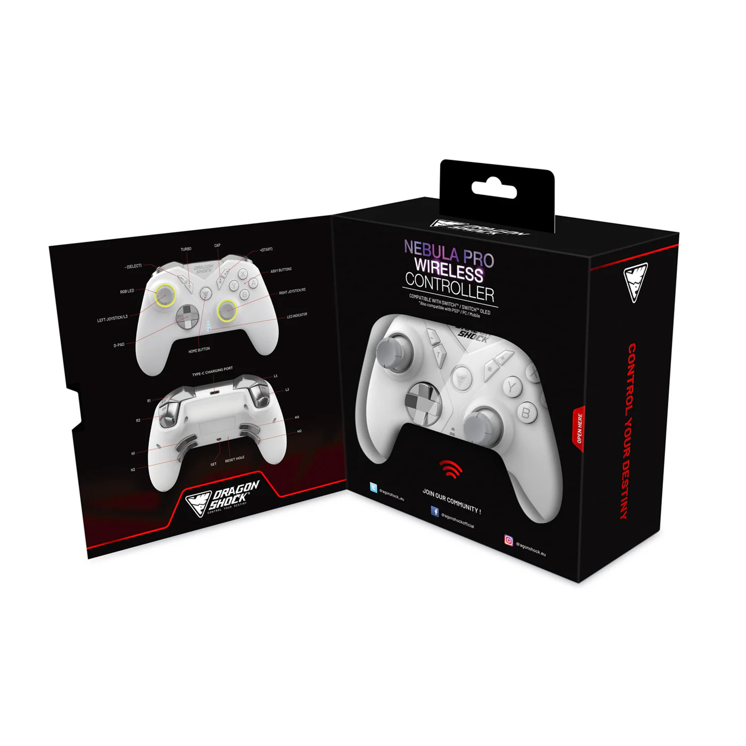Una scatola bianca del controller wireless Dragon Shock Nebula Pro. La scatola mostra il controller e i dettagli. Include un diagramma.
