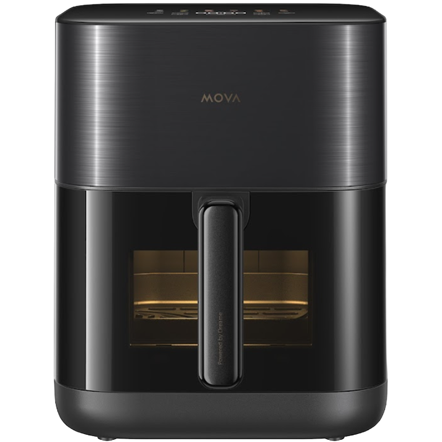 Een zwarte MOVA airfryer, strak design met een handvat. Het heeft een glazen raam en een digitaal display.